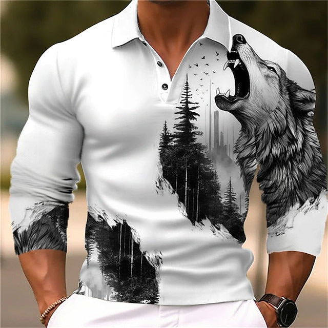 Herren Langarmshirt mit kreativem Wolf-Design und Baum-Muster Echoarchiv