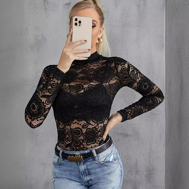 Damen nan figurbetontes Spitzen-Longsleeve mit Stehkragen und floralem Ajour-Muster Echo Archiv