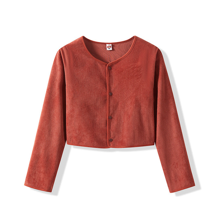 Damen Cropped Rundhals-Cardigan mit Druckknöpfen aus geripptem Strick – Veloura