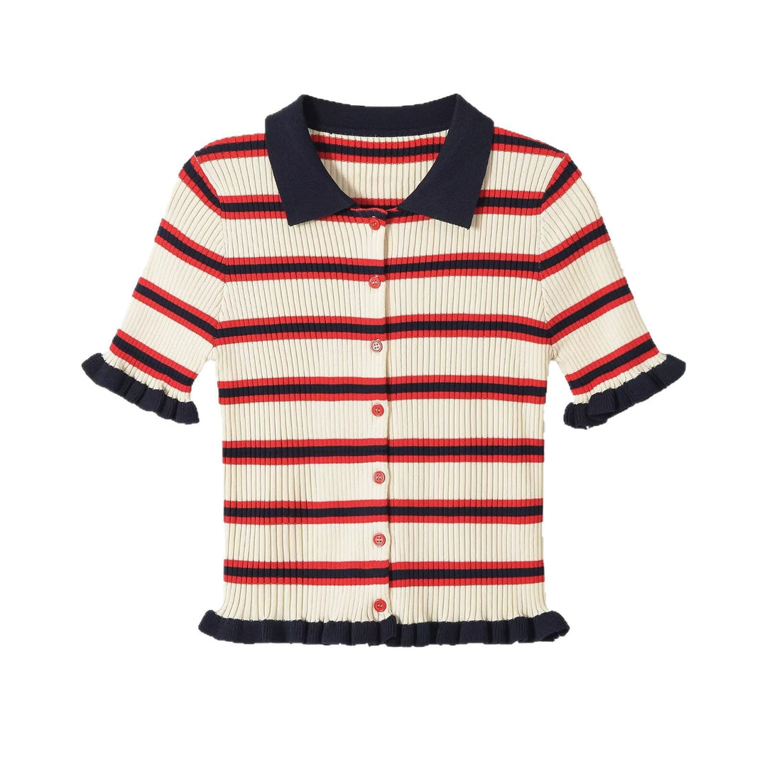 Damen Gerippte Kurzarm-Polokragen-Strickjacke mit Volantbündchen Echo Archiv