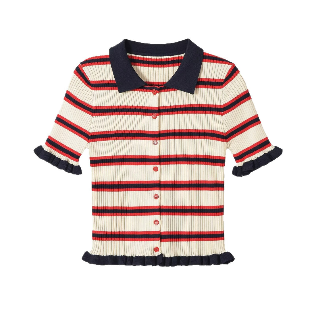 Damen Gerippte Kurzarm-Polokragen-Strickjacke mit Volantbündchen Echo Archiv