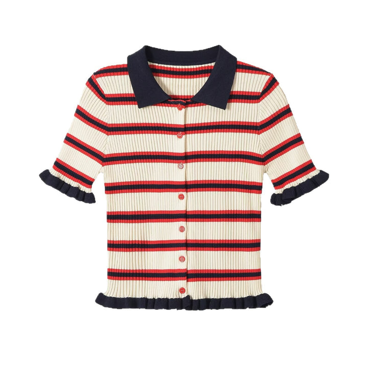 Damen Gerippte Kurzarm-Polokragen-Strickjacke mit Volantbündchen Echo Archiv