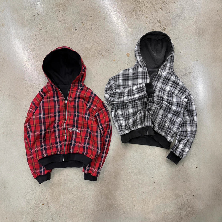 Unisex nan wendbare Kapuzenjacke mit kariertem Innenfutter, durchgehendem Reißverschluss und Kängurutasche Echo Archiv