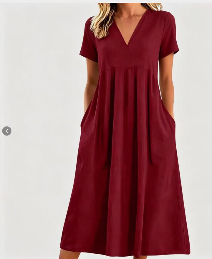 Damen nan legeres V-Ausschnitt-Midikleid mit Eingrifftaschen und geraffter Empirenaht Echo Archiv