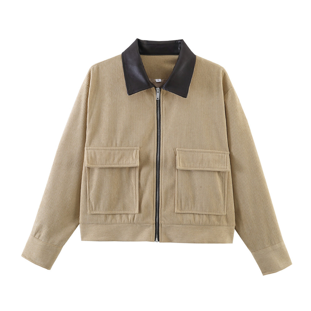 Damen Gerippte Kurzjacke mit Reißverschluss, aufgesetzten Klappentaschen und Kontrastkragen aus Kunstleder Echo Archiv