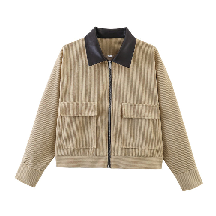 Damen Gerippte Kurzjacke mit Reißverschluss, aufgesetzten Klappentaschen und Kontrastkragen aus Kunstleder Echo Archiv