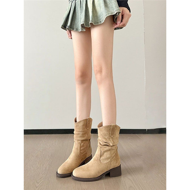 Damen Slouch-Stiefel aus Veloursleder mit gerafftem Schaft Echo Archiv