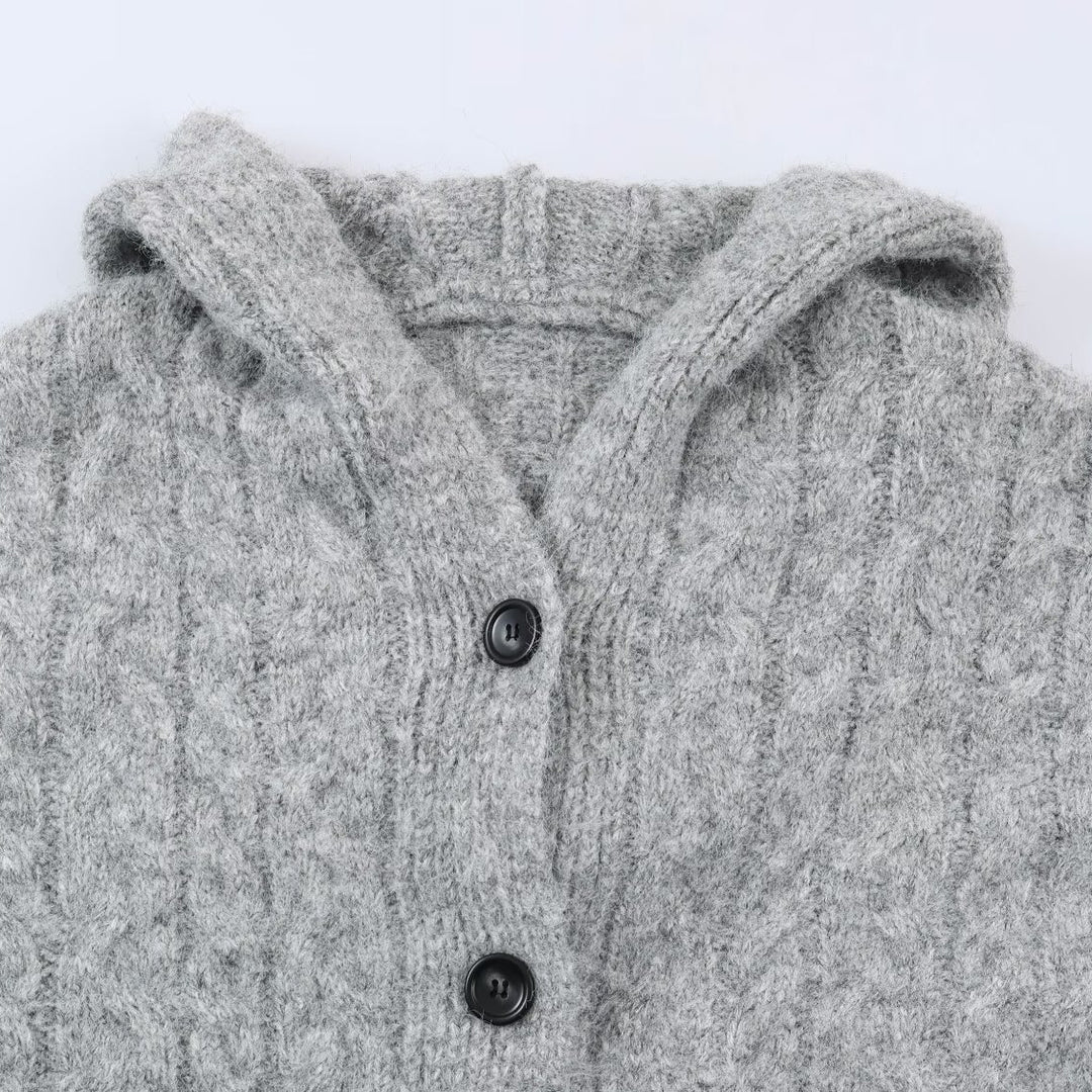 Damen Langgestrickter Kapuzen-Cardigan mit Zopfmuster und Knopfleiste Echoarchiv