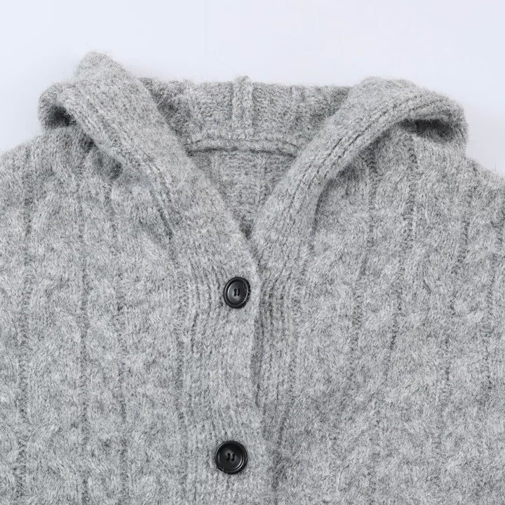 Damen Langgestrickter Kapuzen-Cardigan mit Zopfmuster und Knopfleiste Echoarchiv