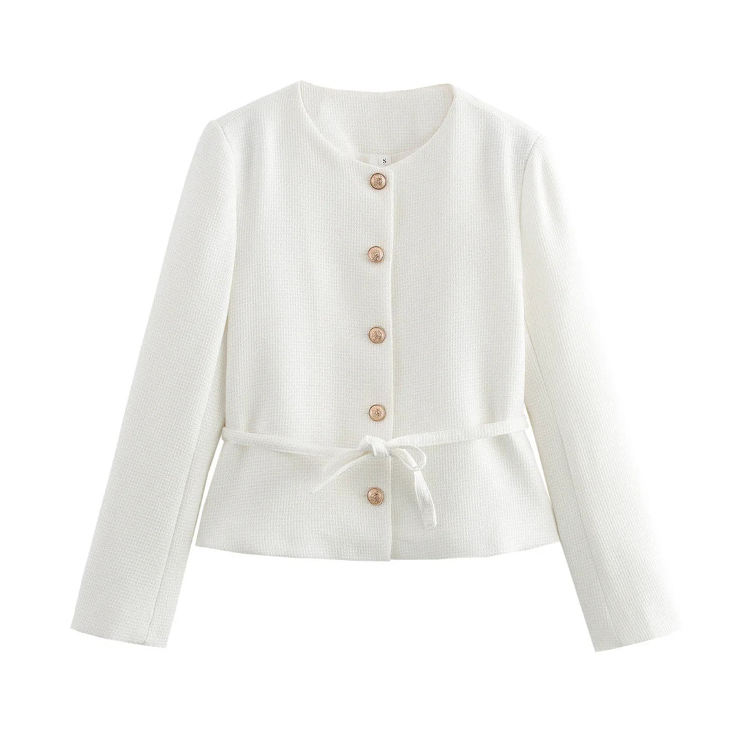 Damen nan taillierte Knopfjacke mit Rundhalsausschnitt, taillenbindegürtel und feiner Webstruktur Echo Archiv
