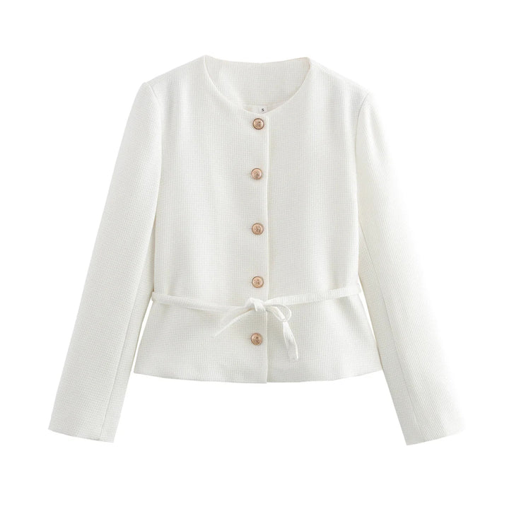 Damen nan taillierte Knopfjacke mit Rundhalsausschnitt, taillenbindegürtel und feiner Webstruktur Echo Archiv