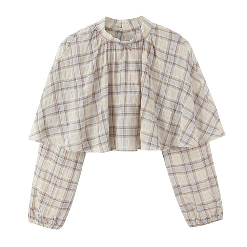 Damen Cropped Blusenoberteil mit Cape-Überwurf und Stehkragen Echoarchiv