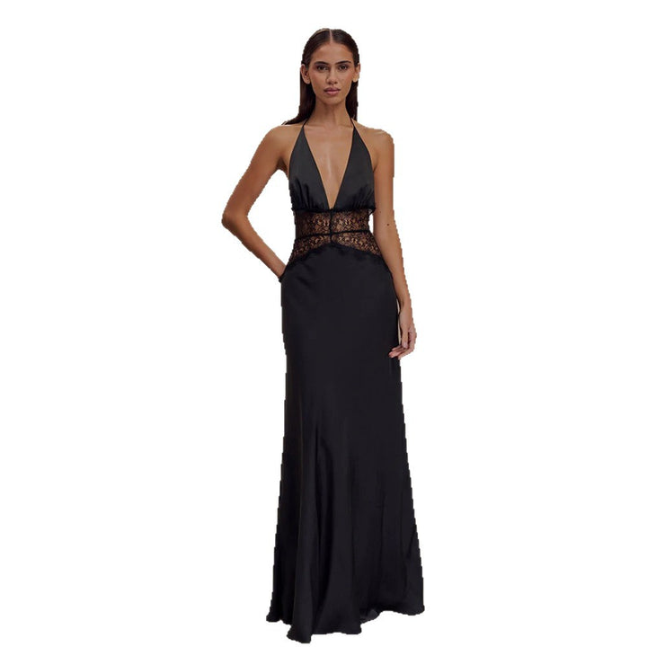 Damen Elegantes Maxikleid mit tiefem V-Ausschnitt und zarter Spitzenverzierung Echo Archiv