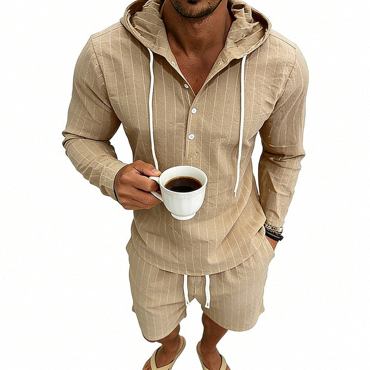 Herren nan gestreiftes Leinenoptik-Kapuzen-Henley-Set mit Tunnelzug-Shorts Echo Archiv
