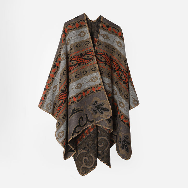 Damen Gewebter Ornament-Poncho im Rechteckschnitt mit feiner Kettelung – Avérine