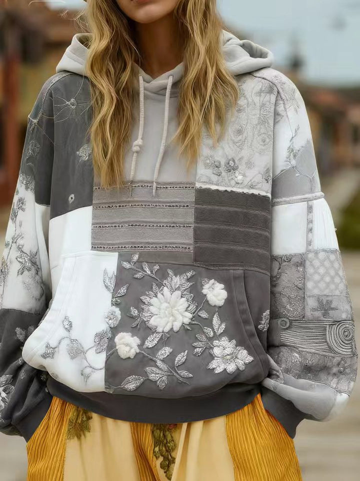 Damen Bestickter Patchwork-Kapuzenpullover mit Blumenapplikation und Kängurutasche – Auréline