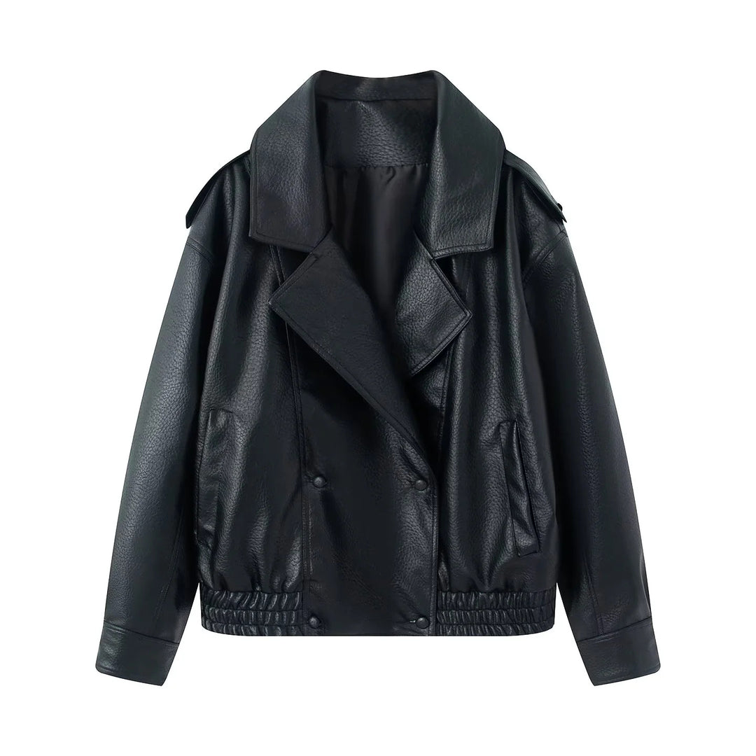 Damen nan cropped zweireihiger Kunstleder-Blouson mit breitem Revers und elastischem Saum Echo Archiv