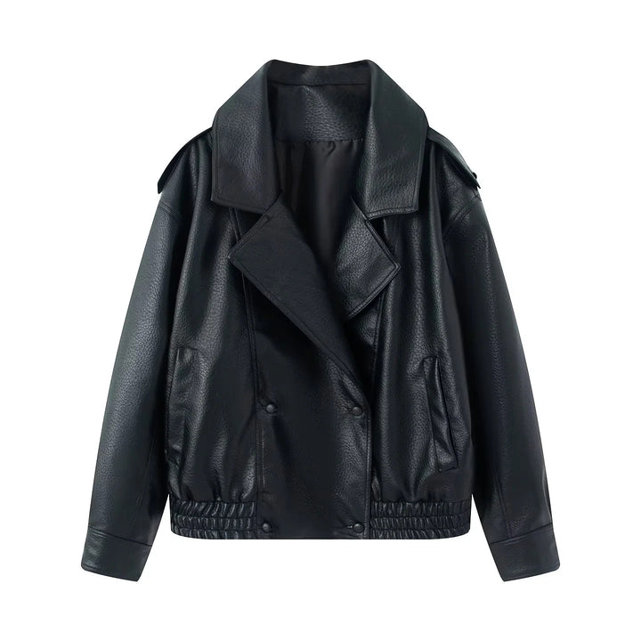 Damen nan cropped zweireihiger Kunstleder-Blouson mit breitem Revers und elastischem Saum Echo Archiv