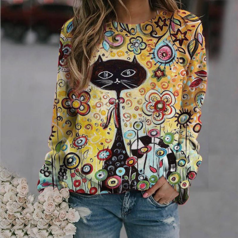 Damen Oversized-Sweatshirt mit künstlerischem Katzen-Print und floraler Musterung – Avérine