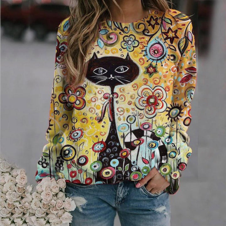 Damen Oversized-Sweatshirt mit künstlerischem Katzen-Print und floraler Musterung – Avérine
