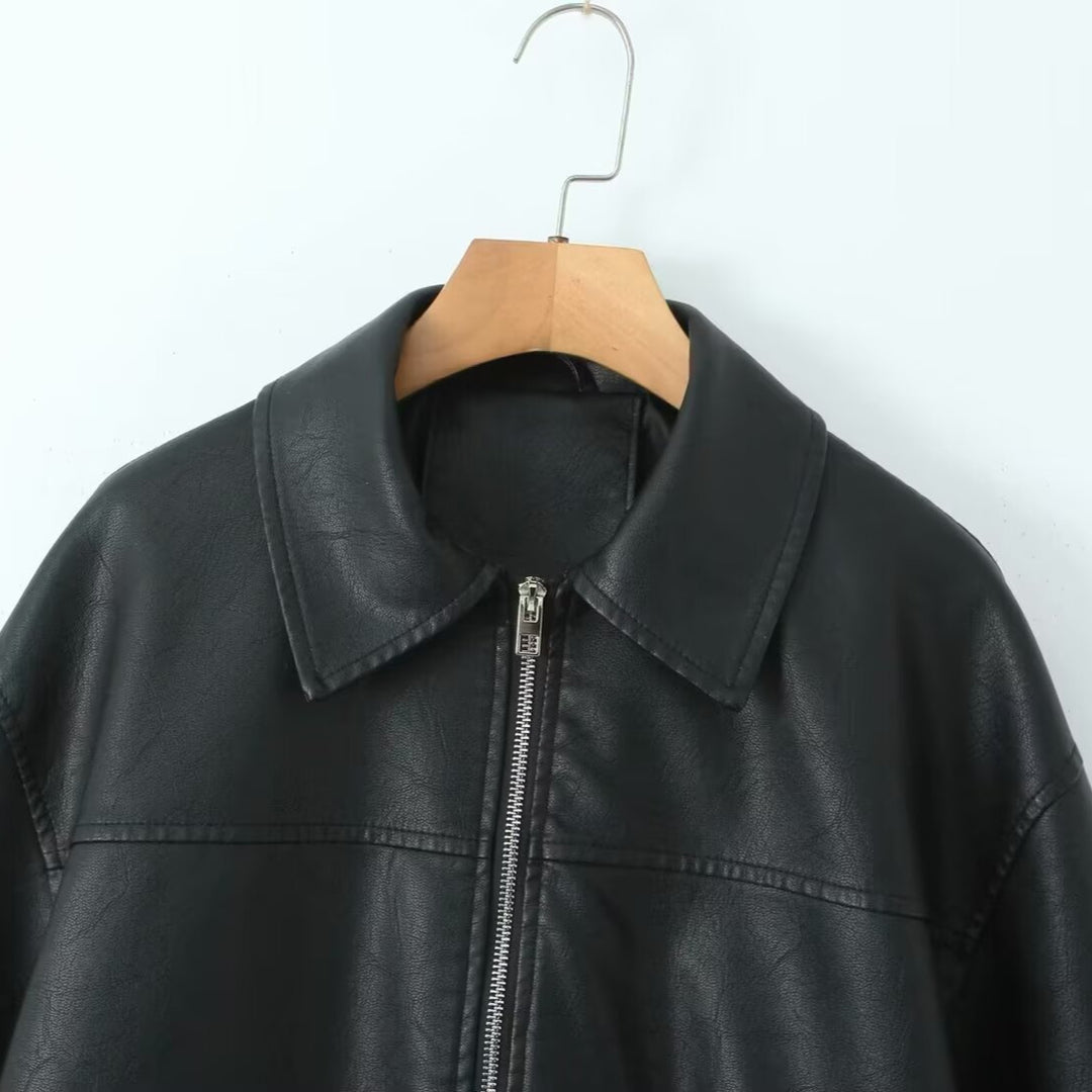 Damen nan oversized Kunstleder-Bomberjacke mit Hemdkragen elastischem Saum und aufgesetzten Pattentaschen Echo Archiv
