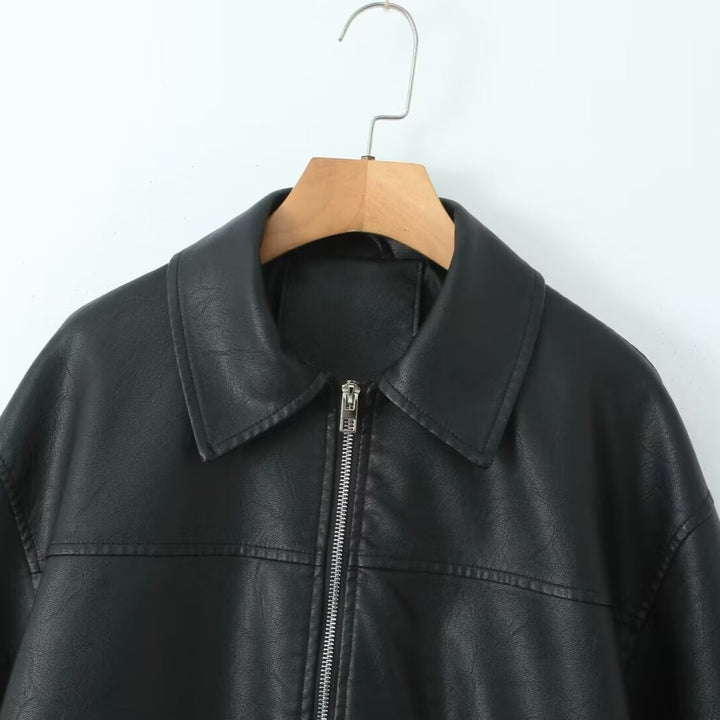 Damen nan oversized Kunstleder-Bomberjacke mit Hemdkragen elastischem Saum und aufgesetzten Pattentaschen Echo Archiv