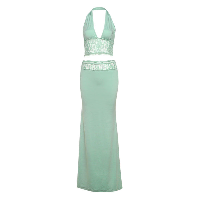 Damen Langer Sommerrock mit tiefem V-Ausschnitt und eleganter Spitzenapplikation Echo Archiv