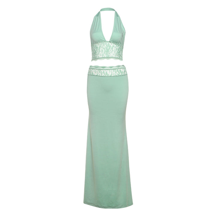 Damen Langer Sommerrock mit tiefem V-Ausschnitt und eleganter Spitzenapplikation Echo Archiv