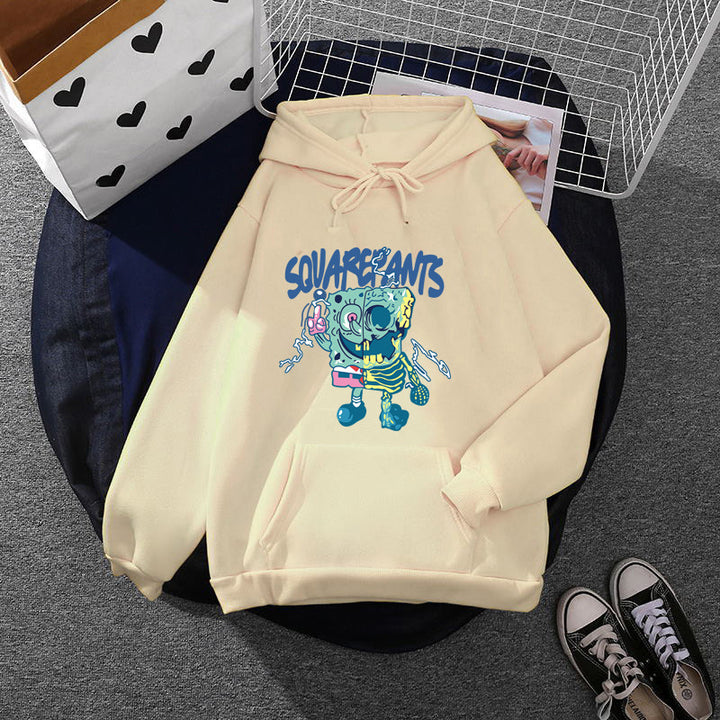 Damen weicher Oversize-Kapuzenpullover mit kawaii Pilzfrosch-Print, Kängurutasche und gerippten Bündchen – Auréline
