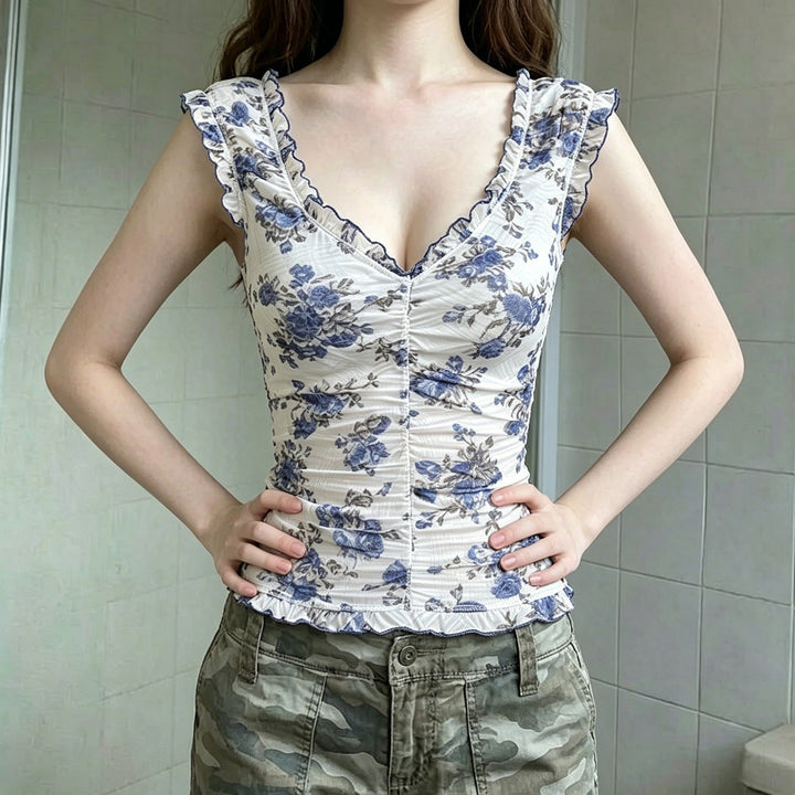 Damen Elegantes Spitzenoberteil mit floralen Akzenten und Rüschen Echo Archiv