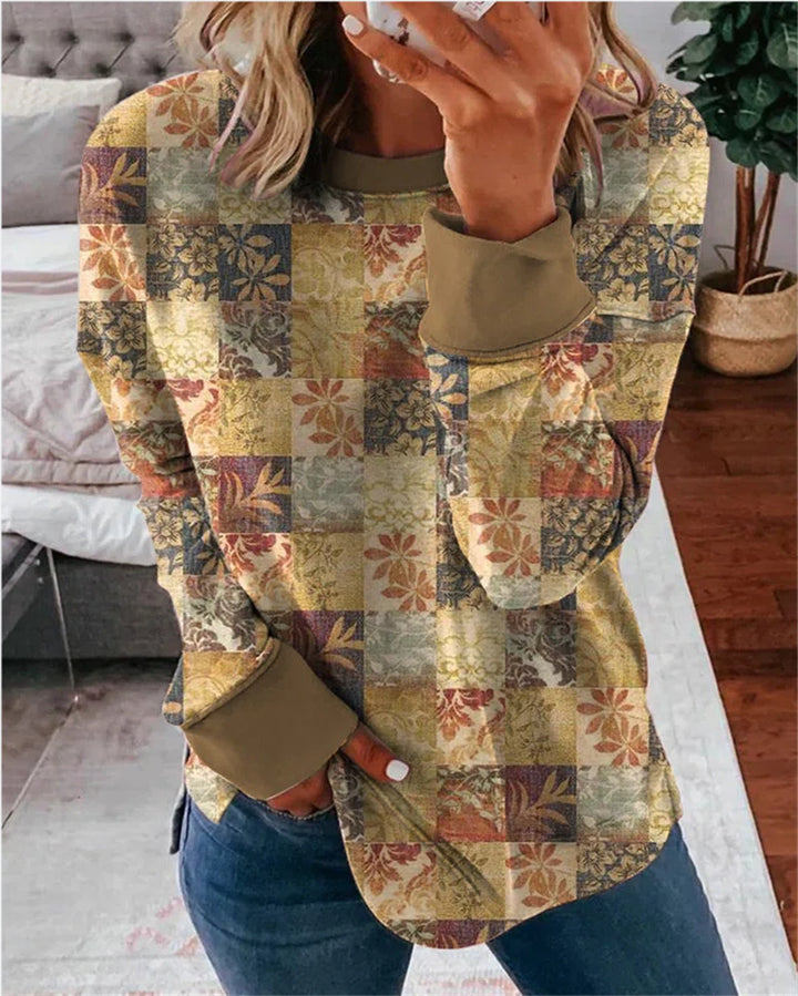 Damen Langarmshirt im Patchwork-Quilt-Design mit weichem Rundhalsausschnitt und kontrastierenden Bündchen – Élovi