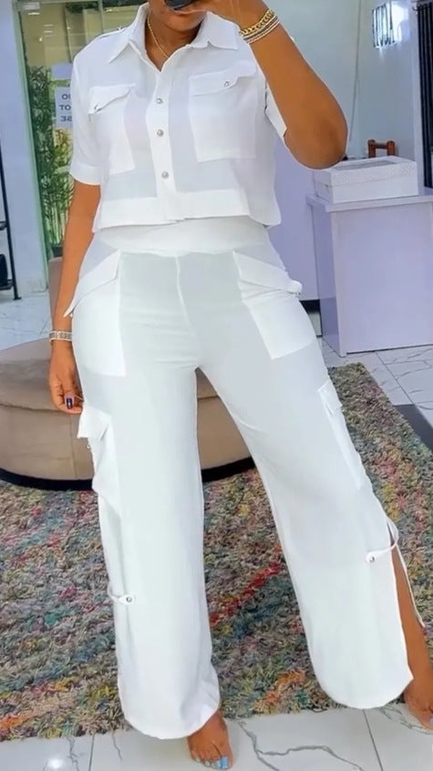 Damen nan zweiteiliges Hemd- und Cargo-Hosen-Set mit kurzem Oversize-Hemd, hoher Taille, weitem Bein und seitlichen Beinschlitzen Echo Archiv