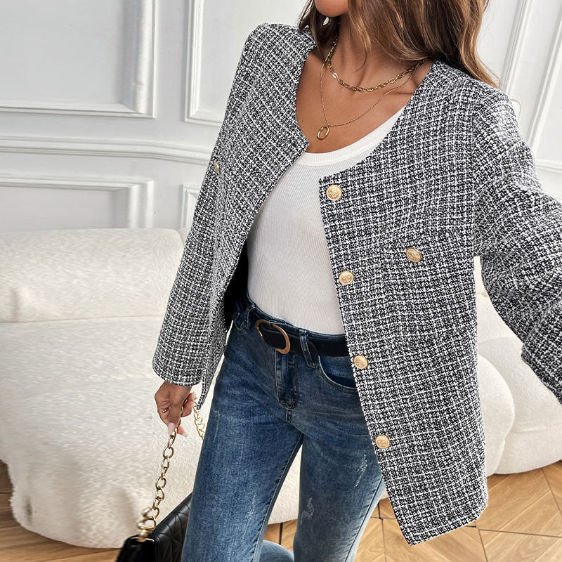 Damen Bouclé-Tweed-Blazer mit Rundhalsausschnitt, goldenen Zierknöpfen und kastiger Silhouette – Valéne
