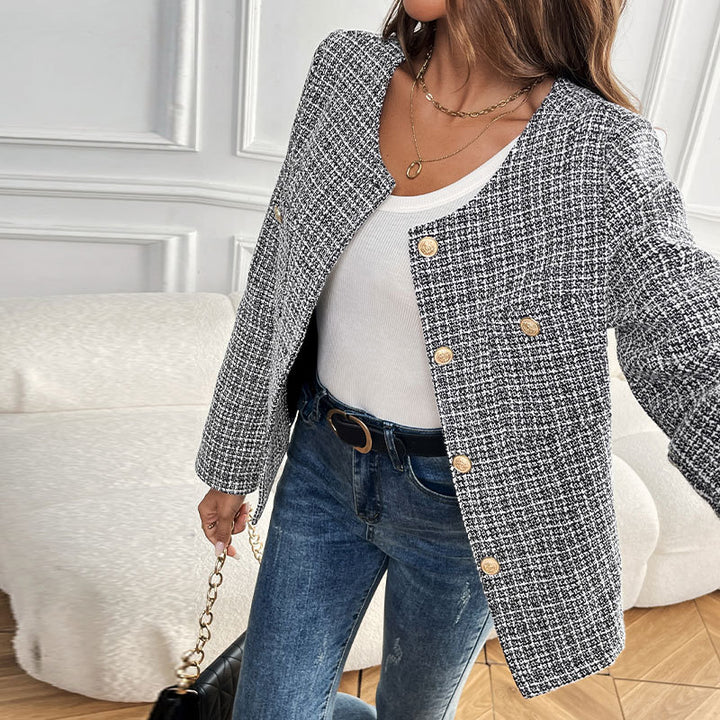 Damen Bouclé-Tweed-Blazer mit Rundhalsausschnitt, goldenen Zierknöpfen und kastiger Silhouette – Valéne