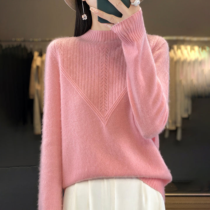 Damen Lockerer Mohair‑Blend Pullover mit strukturierter V‑Paneel und Stehkragen Echoarchiv