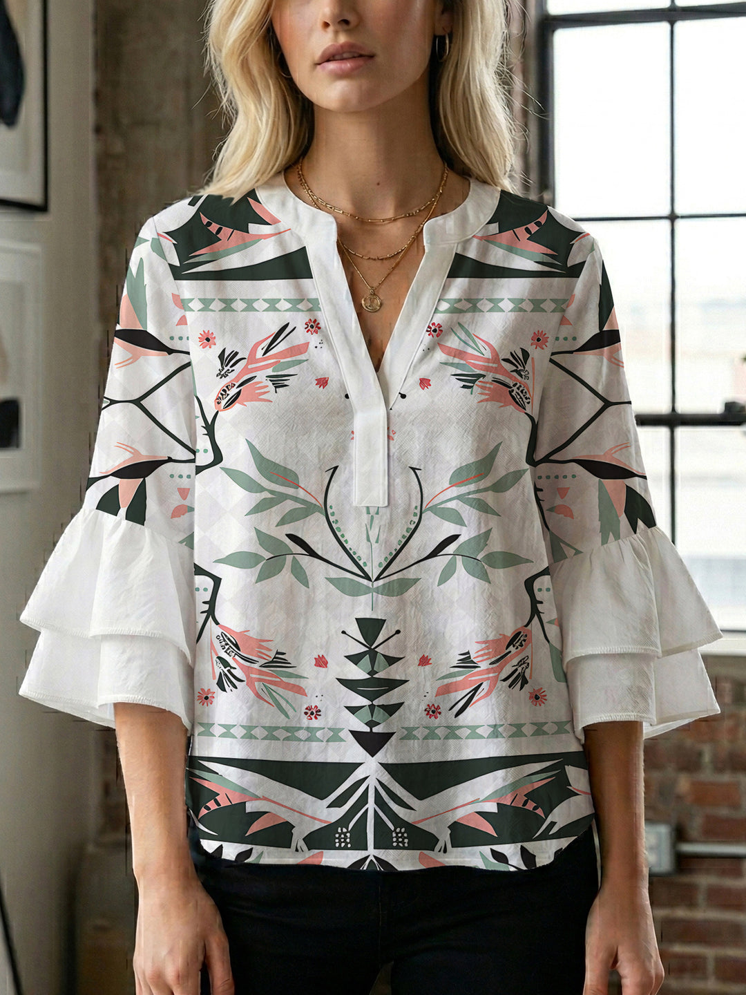 Damen lässige Bluse mit Volantärmeln und botanischem Druck Echo Archiv