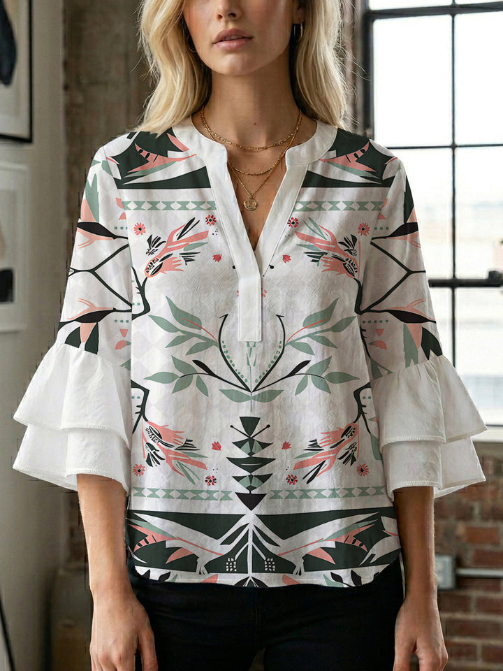 Damen lässige Bluse mit Volantärmeln und botanischem Druck Echo Archiv