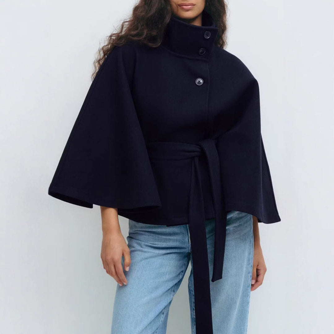 Damen nan kastenförmiger Wollcape Mantel mit Stehkragen und Bindegürtel Echo Archiv