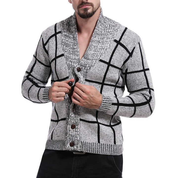 Herren modische Strickjacke mit Karomuster und elegantem Revers Echoarchiv