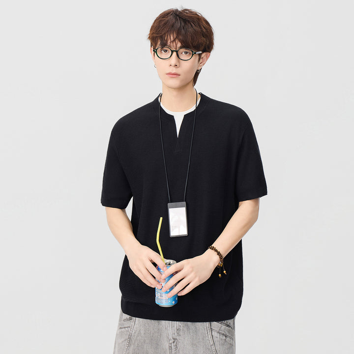 Herren Kurzarm-Strickshirt mit strukturierter Waffeloptik und V-Notch-Kragen Echo Archiv