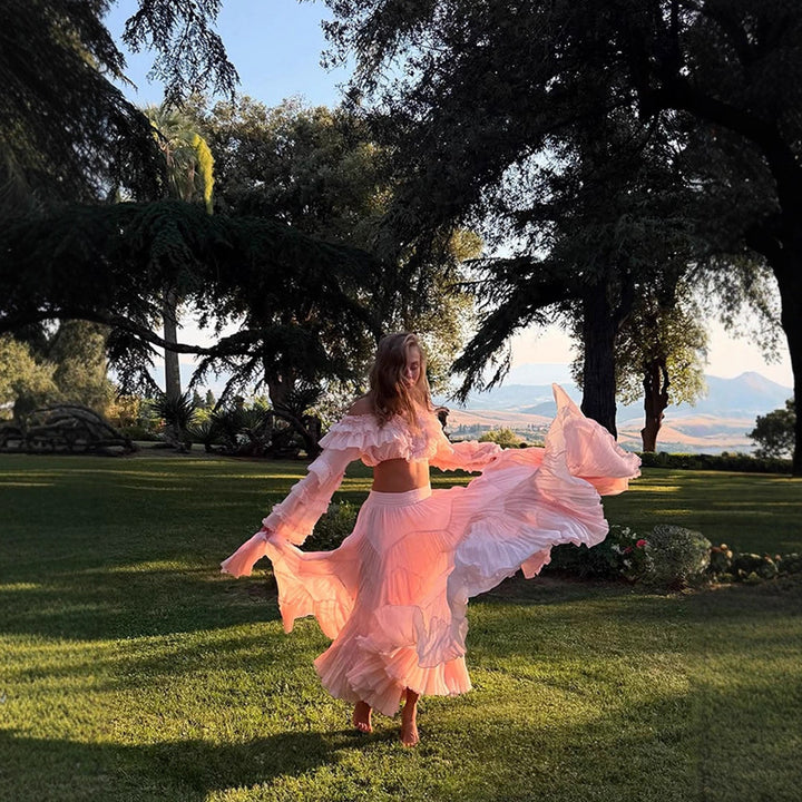 Damen Boho Zweiteiler mit bauchfreiem Volant-Top und plissiertem Maxirock Echoarchiv