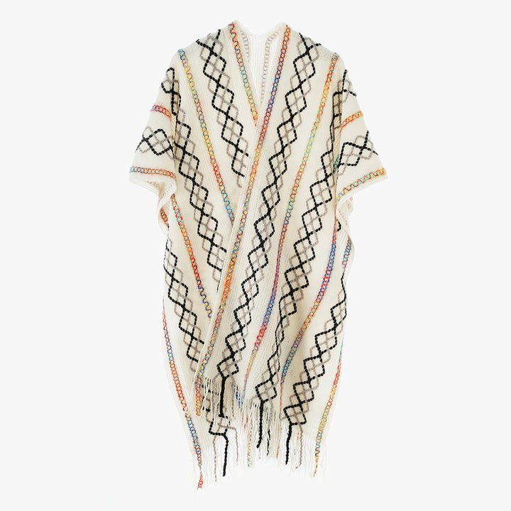 Damen Gewebter Fransenponcho mit V‑Ausschnitt und buntem Reliefjacquard – Avérine