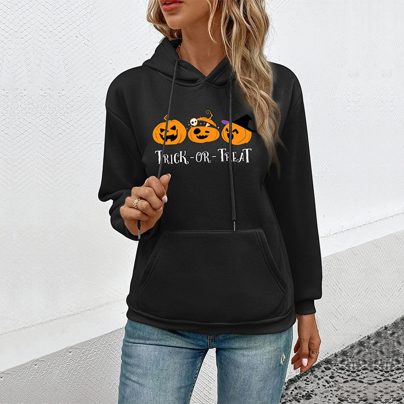 Damen Hoodie mit Halloween-Kürbisprint, Kapuze und Kängurutasche Echoarchiv