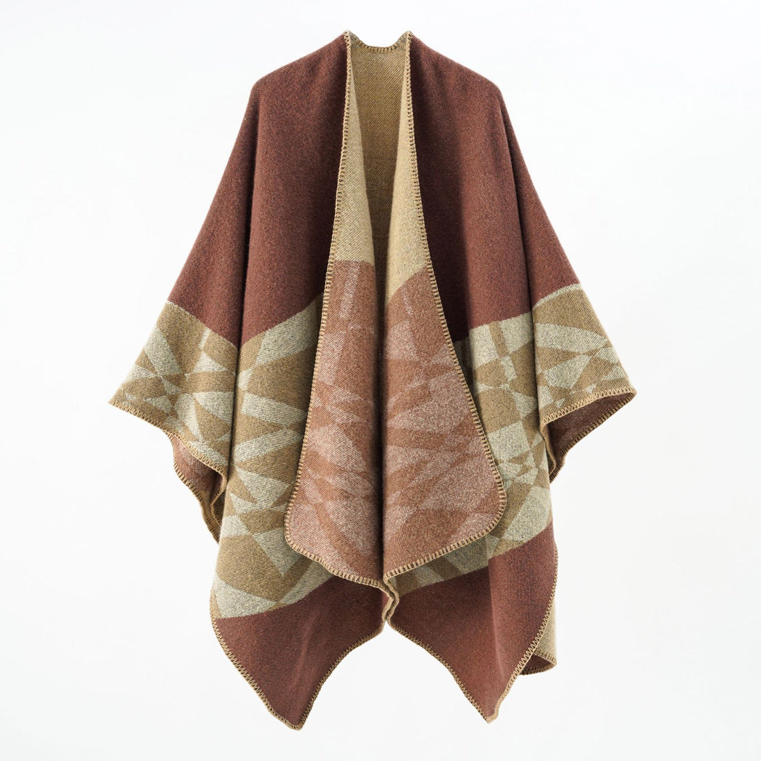 Damen Großer Strickponcho im Cape‑Schnitt mit Ziernaht und geometrischem Intarsia – Veloura
