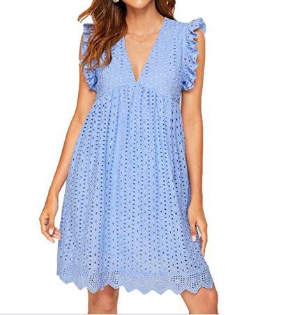 Damen nan Broderie-Anglaise Minikleid mit V-Ausschnitt Volantärmeln und Eingrifftaschen Echo Archiv