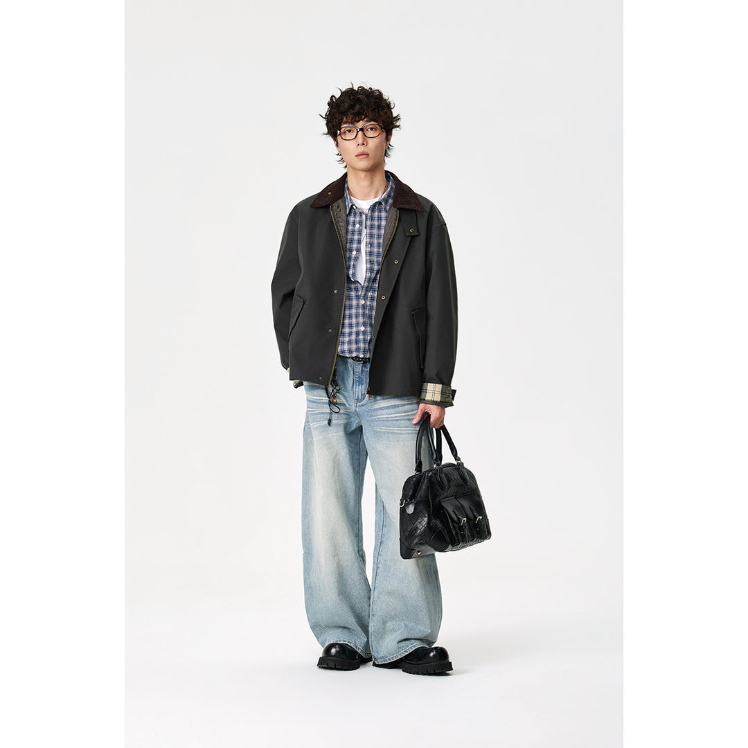 Herren Kurz geschnittene Canvas‑Fieldjacke mit Cordkragen und verdeckter Druckknopfleiste Echoarchiv