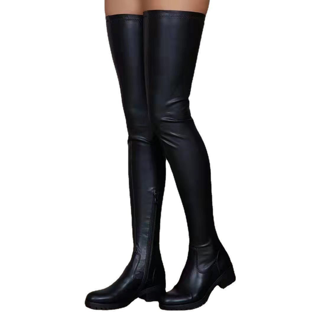 Damen Oberschenkelhohe Stretch-Lederimitat-Stiefel mit profiliertem Lug-Absatz Echo Archiv