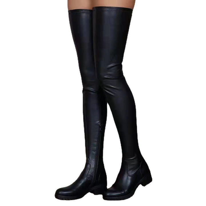 Damen Oberschenkelhohe Stretch-Lederimitat-Stiefel mit profiliertem Lug-Absatz Echo Archiv