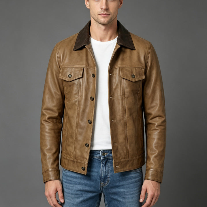 Herren Modische Lederjacke mit klassischem Kragen – Valtoré