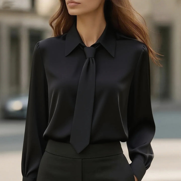 Damen Seidige Business Bluse mit Hemdkragen und integrierter Schleife Echoarchiv